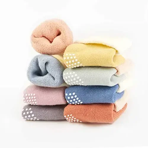 VWU Baby Toddler Kids Ankle Crew Socks with Grips Unisex Warm Thick Cotton Winter Socks 0-10 Years 6/8 Pack - 2