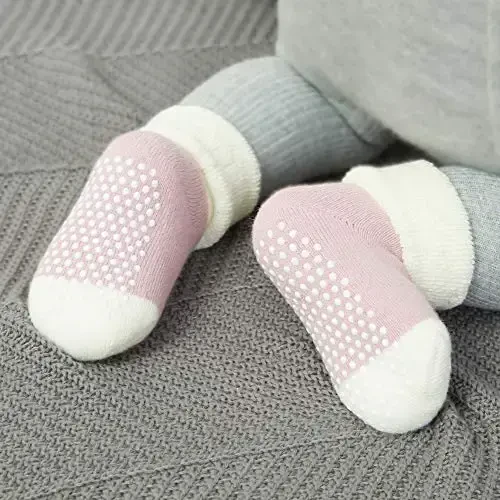 VWU Baby Toddler Kids Ankle Crew Socks with Grips Unisex Warm Thick Cotton Winter Socks 0-10 Years 6/8 Pack - 4