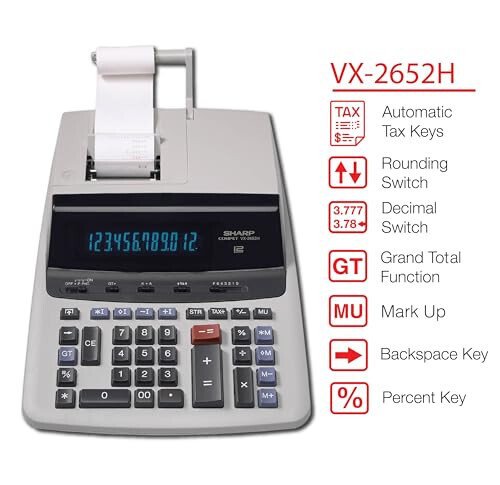 Sharp 12-Digit Print Calculator Desktop Size Adding Machine, Perfect for Everyday Use and Office, Bright, Large Easy-to-Read Numbers on Both The Display and The Two-ColorPrinted Tape (VX-2652H) - 3