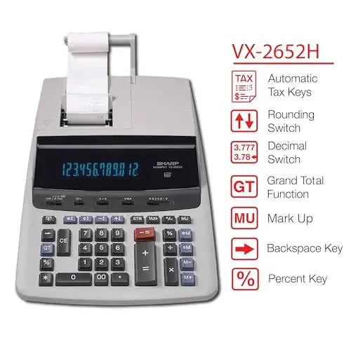 Sharp 12-Digit Print Calculator Desktop Size Adding Machine, Perfect for Everyday Use and Office, Bright, Large Easy-to-Read Numbers on Both The Display and The Two-ColorPrinted Tape (VX-2652H) - 3