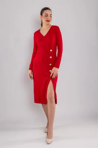 Vyaka Long Sleeve Gold Button Crepe Dress - 1