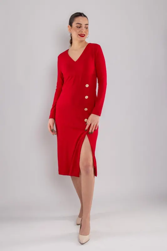 Vyaka Long Sleeve Gold Button Crepe Dress - AYHAN