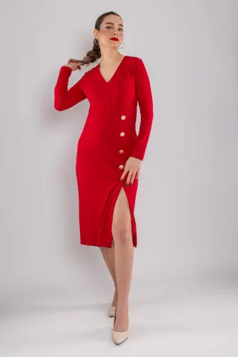 Vyaka Long Sleeve Gold Button Crepe Dress - AYHAN (1)