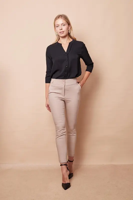 Высокая талия, широкий пояс, карманы, узкие брюки, длина до щиколотки, хлопковая ткань с лайкрой - бежевый - БЕЖЕВЫЙ - 3
