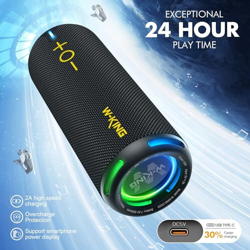 W-KING Bluetooth Hoparlör, IPX7 Su Geçirmez Taşınabilir Hoparlör Bluetooth Kablosuz Yüksek Sesli Çift Ses Bobini, Özelleştirilmiş EQ Uygulaması/Derin Bas, 40W 360° Ses Açık Hava Duş Hoparlörü, Parti Işıkları/V5.3/TF/AUX - 6