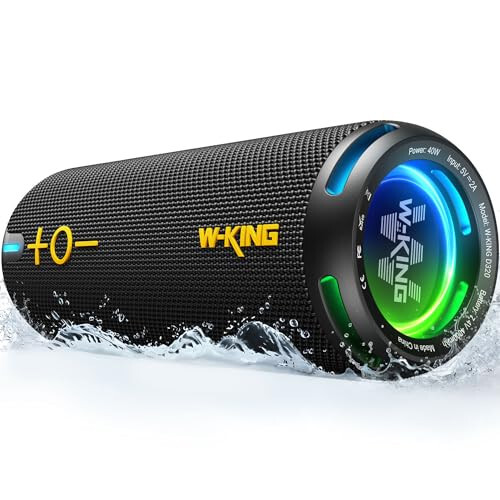 W-KING D320 40W Bluetooth Speaker, IPX7 Waterproof Portable Speaker with Dual Voice Coil, Customized EQ APP, 360 Sound, Party Lights, V5.3, TF/AUX, Black 