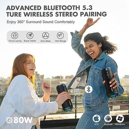 W-KING D320 40W Bluetooth Speaker, IPX7 Waterproof Portable Speaker with Dual Voice Coil, Customized EQ APP, 360 Sound, Party Lights, V5.3, TF/AUX, Black - 5