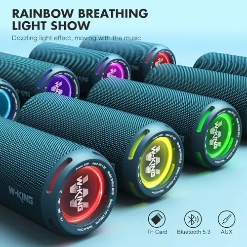 W-KING Portativ Bluetooth Karnaylari Baland, IPX7 Suvga chidamli Tashqi Karnaylar Simsiz, APP Moslashtirilgan EQ, Dual Ovoz G'altagi/Chuqur Bass, 360° Chiroqli/V5.3/TF/AUX Ovoz, 40W Party Boombox Dush Karnayi - 6