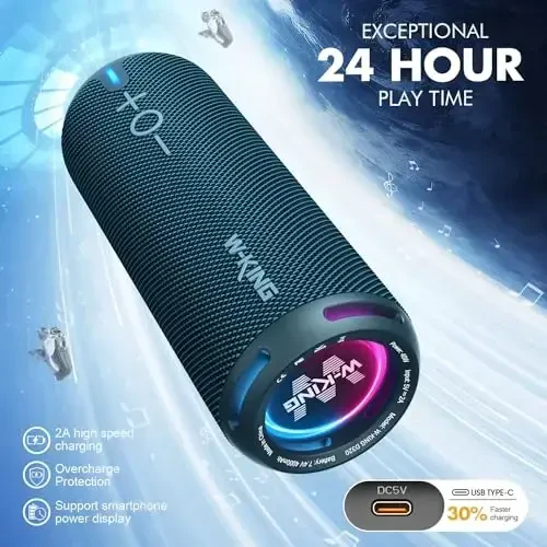 W-KING Портативные Bluetooth колонки громкие, IPX7 водонепроницаемые беспроводные колонки для улицы, APP настраиваемый эквалайзер, двойная звуковая катушка/глубокий бас, 360° звук с подсветкой/V5.3/TF/AUX, 40 Вт вечеринка бумбокс душевая колонка - 7