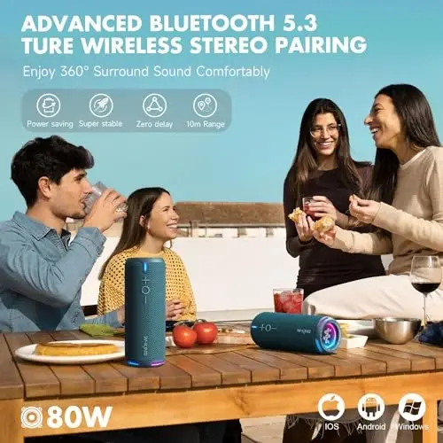 W-KING Портативные Bluetooth колонки громкие, IPX7 водонепроницаемые беспроводные колонки для улицы, APP настраиваемый эквалайзер, двойная звуковая катушка/глубокий бас, 360° звук с подсветкой/V5.3/TF/AUX, 40 Вт вечеринка бумбокс душевая колонка - 5