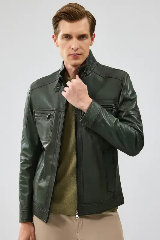 Wade Men's Khaki Slim-fit Leather Jacket 22wgd6462ve-KHAKI - DERIMOD