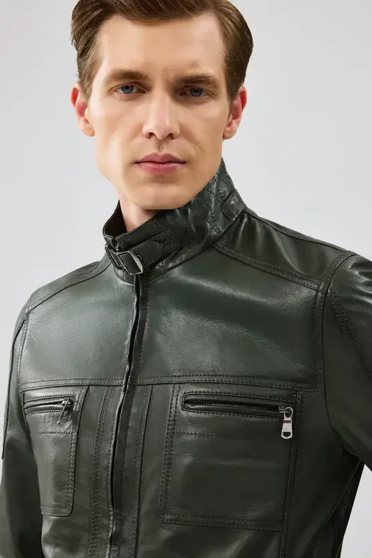 Wade Men's Khaki Slim-fit Leather Jacket 22wgd6462ve-KHAKI - 7