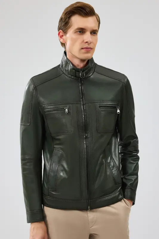Wade Мужская куртка цвета хаки облегающего кроя из кожи 22wgd6462ve-KHAKI - 4
