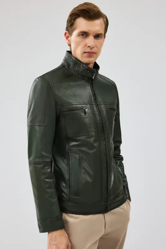 Wade Мужская куртка цвета хаки облегающего кроя из кожи 22wgd6462ve-KHAKI - 5