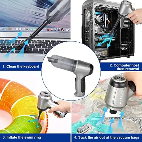 WADEO qo'lda simsiz changyutgich, 9000PA avtomobil changyutgichi portativ simsiz, mini changyutgich, 0,7lb ultra yengil, avtomobil, uy, uy hayvonlari tuklarini tozalash uchun 4-in-1 ko'p qirrali qayta zaryadlanuvchi qo'lda changyutgich - 3