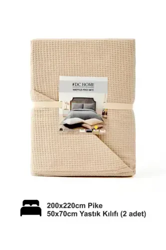 Waffle Chift Kishilik Bej Pike Seti - Yumshoq Va Sifatli Pike Va Yostiq G'ilofi - 200x220 Sm-Bej - 4