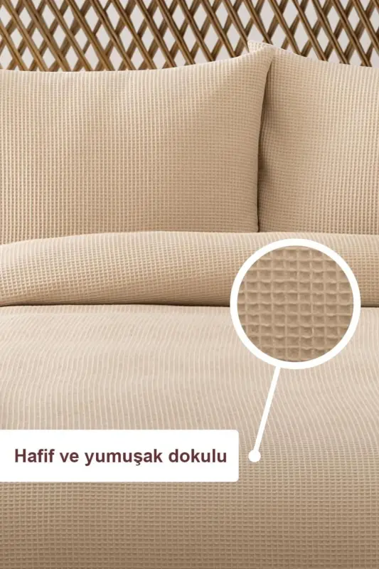 Waffle Çift Kişilik Bej Pike Seti - Yumuşak Ve Kaliteli Pike Ve Yastık Kılıfı - 200x220 Cm-Bej - 2