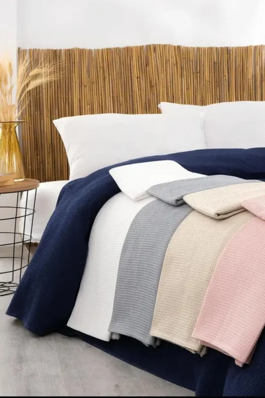 Waffle Çift Kişilik Lacivert Pike Seti - Yumuşak Ve Kaliteli Pike Ve Yastık Kılıfı - 200x220 Cm-Lacivert - 6