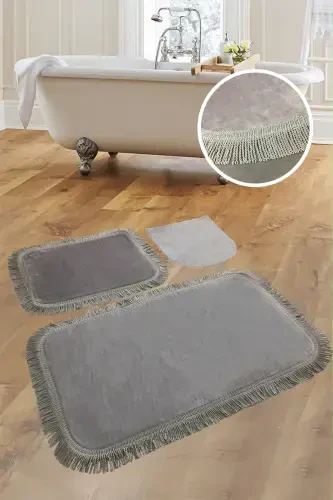 Waffle Cornered 3-Piece Gray Bath Mat Set Waffle Fringed Tasseled Non-Slip Base Toilet Seat Cover-Gray - 1