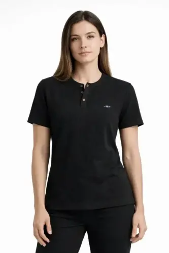 Waffle Dokulu Likralı Henley Yaka Düğmeli Regular Kısa Kollu T-Shirt - Siyah - BÜYÜKBEDENIZ (1)