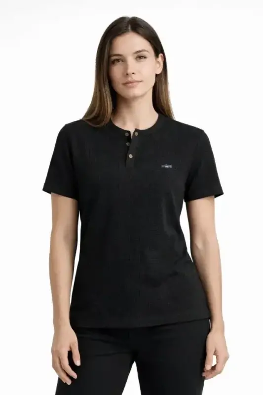 Waffle Dokulu Likralı Henley Yaka Düğmeli Regular Kısa Kollu T-Shirt - Siyah - 2