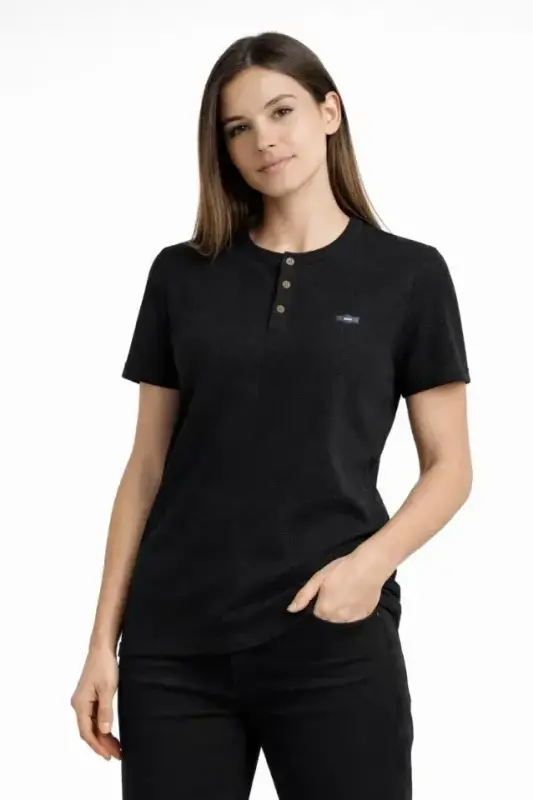 Waffle Dokulu Likralı Henley Yaka Düğmeli Regular Kısa Kollu T-Shirt - Siyah - 3