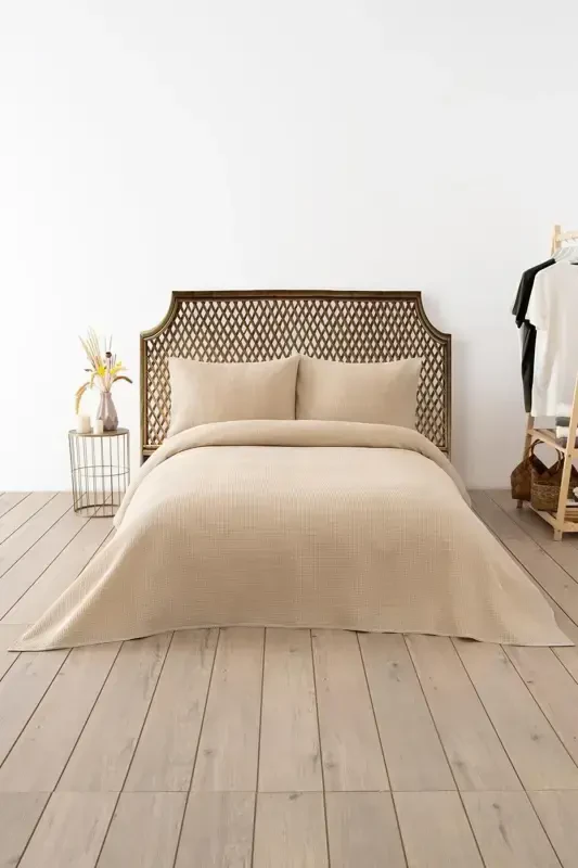 Waffle Double Beige Pique Set - Soft And Quality Pique And Pillowcase - 200x220 Cm-Beige - DENİZLİ CONCEPT