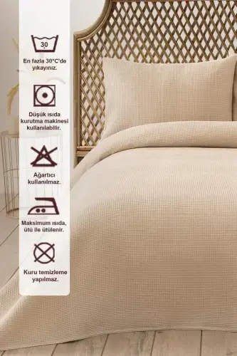 Waffle Double Beige Pique Set - Soft And Quality Pique And Pillowcase - 200x220 Cm-Beige - 3