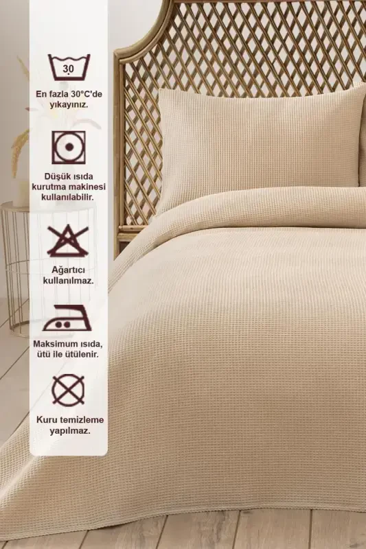 Waffle Double Beige Pique Set - Soft And Quality Pique And Pillowcase - 200x220 Cm-Beige - 3