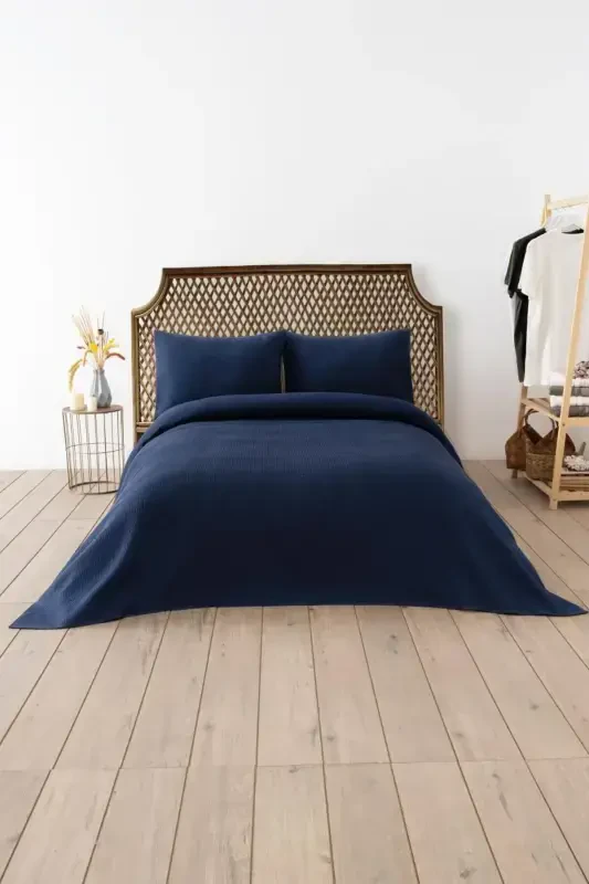 Waffle Double Size Navy Pique Set - Soft And High Quality Pique And Pillowcase - 200x220 Cm-Navy - 1