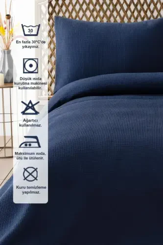 Waffle Double Size Navy Pique Set - Soft And High Quality Pique And Pillowcase - 200x220 Cm-Navy - 3