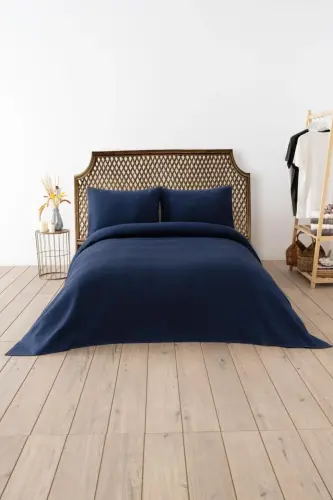 Waffle Double Size Navy Pique Set - Soft And High Quality Pique And Pillowcase - 200x220 Cm-Navy 