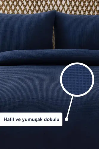 Waffle Double Size Navy Pique Set - Soft And High Quality Pique And Pillowcase - 200x220 Cm-Navy - DENIZLI CONCEPT (1)