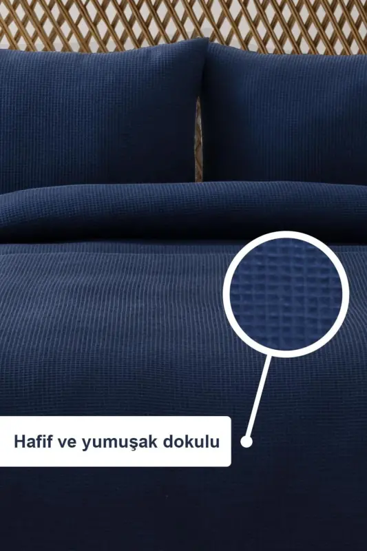 Waffle Double Size Navy Pique Set - Soft And High Quality Pique And Pillowcase - 200x220 Cm-Navy - 2