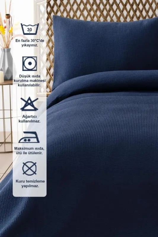 Waffle Double Size Navy Pique Set - Soft And High Quality Pique And Pillowcase - 200x220 Cm-Navy - 3