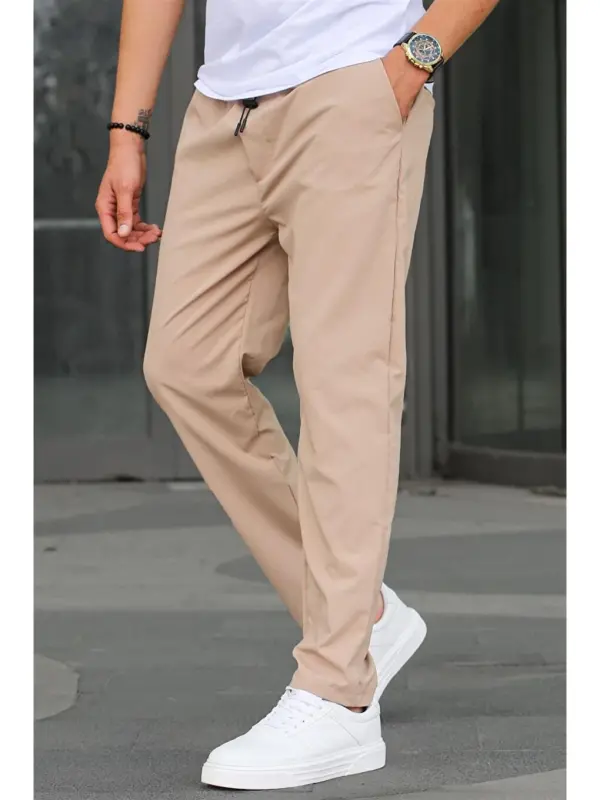 Waffle Fabric Black Basic Men's Trousers 6513-Beige - 2