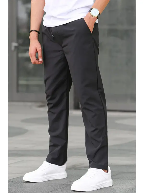 Waffle Fabric Black Basic Men's Trousers 6513-Black - 1