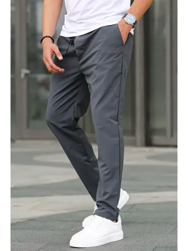 Waffle Fabric Black Basic Men's Trousers 6513-Gray - 1