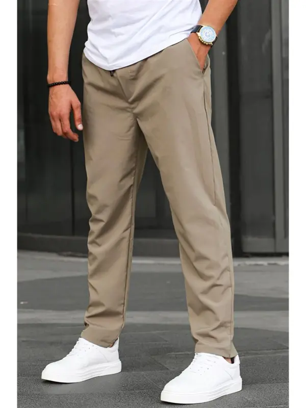 Waffle Fabric Black Basic Men's Trousers 6513-Khaki - 1