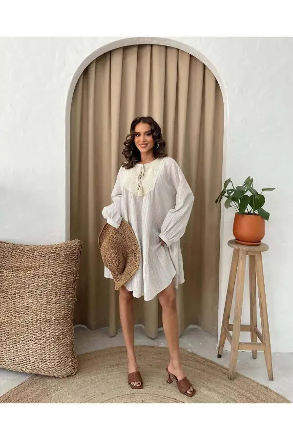 Waffle Textured Bohemian Mini Dress with Collar Detail - 1