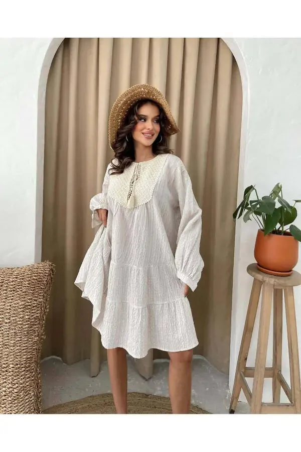 Waffle Textured Bohemian Mini Dress with Collar Detail - 2