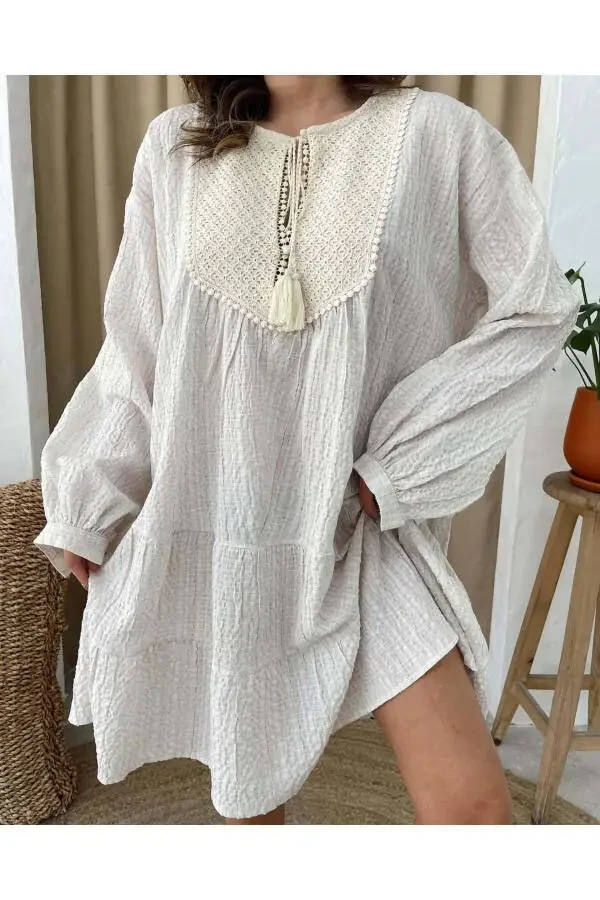 Waffle Textured Bohemian Mini Dress with Collar Detail - 4