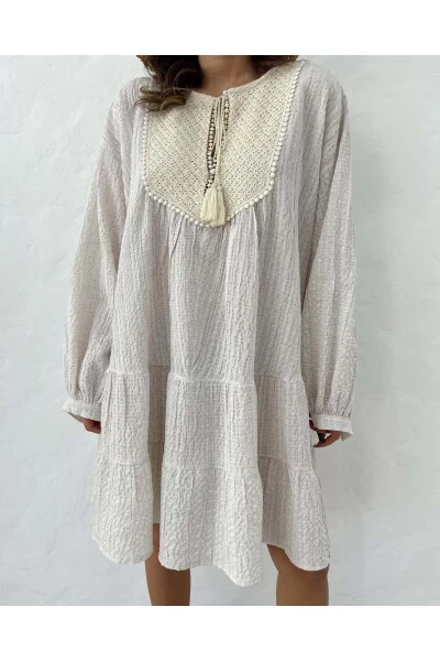 Waffle Textured Bohemian Mini Dress with Collar Detail - 5