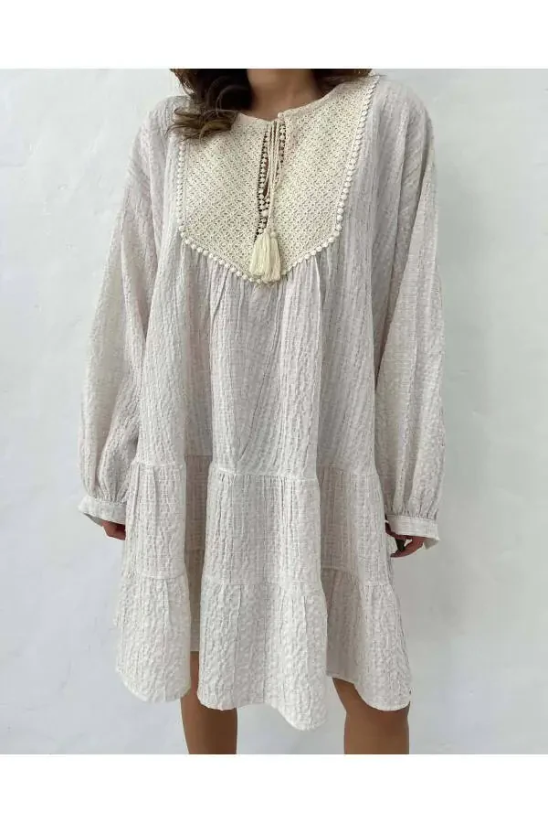 Waffle Textured Bohemian Mini Dress with Collar Detail - 5