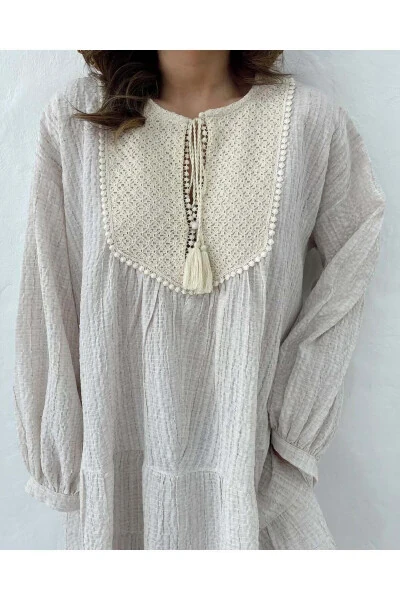 Waffle Textured Bohemian Mini Dress with Collar Detail - 6