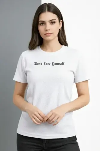 Wafıl Kumaş Tişört Regular Kalıp Bisiklet Yaka Baskılı Günlük Basic T-Shirt - Beyaz - BÜYÜKBEDENIZ (1)