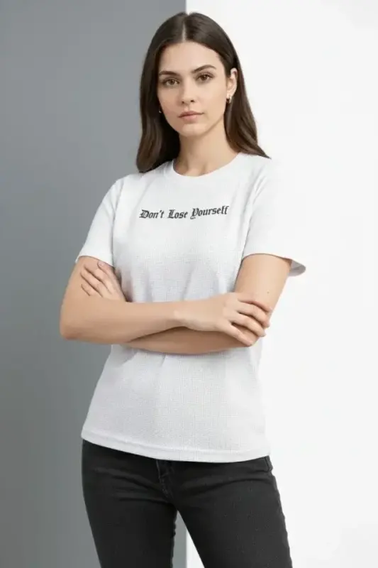 Wafıl Kumaş Tişört Regular Kalıp Bisiklet Yaka Baskılı Günlük Basic T-Shirt - Beyaz - 1