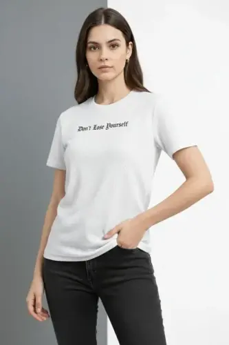 Wafıl Kumaş Tişört Regular Kalıp Bisiklet Yaka Baskılı Günlük Basic T-Shirt - Beyaz - 3