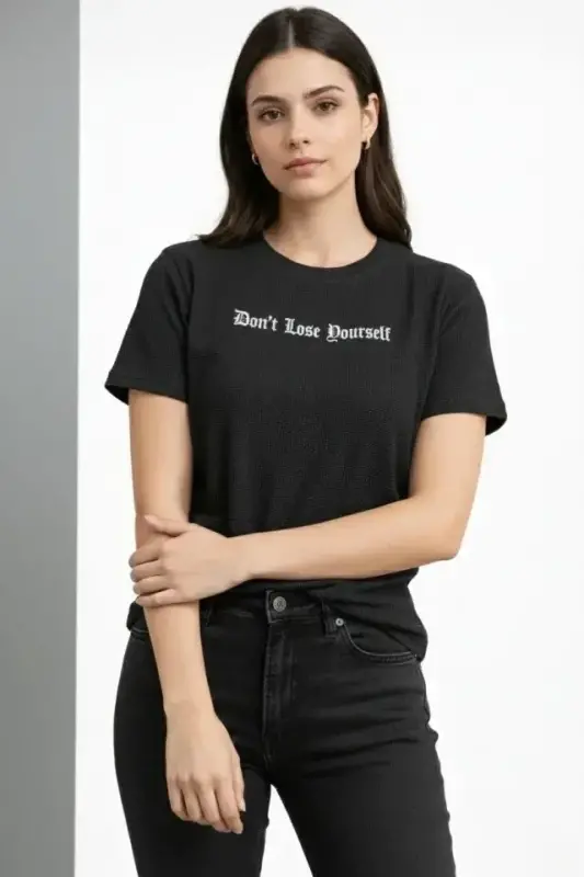 Wafıl Kumaş Tişört Regular Kalıp Bisiklet Yaka Baskılı Günlük Basic T-Shirt - Siyah - BÜYÜKBEDENIZ