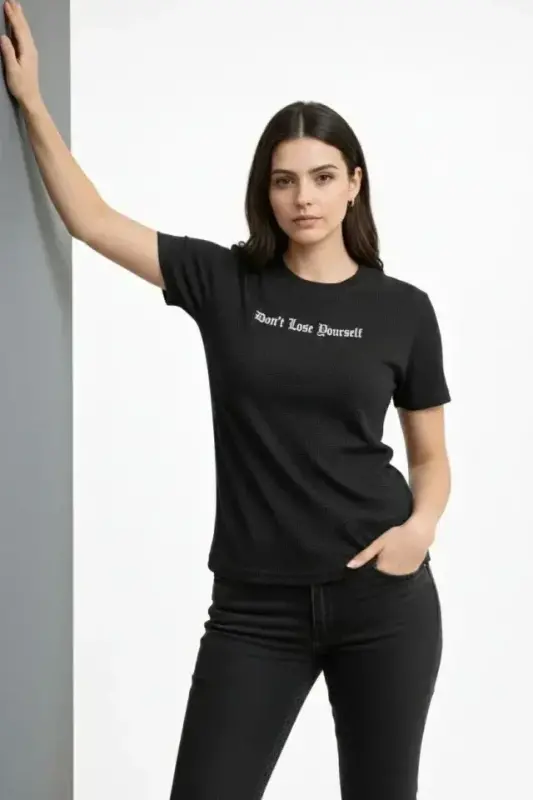 Wafıl Kumaş Tişört Regular Kalıp Bisiklet Yaka Baskılı Günlük Basic T-Shirt - Siyah - 2
